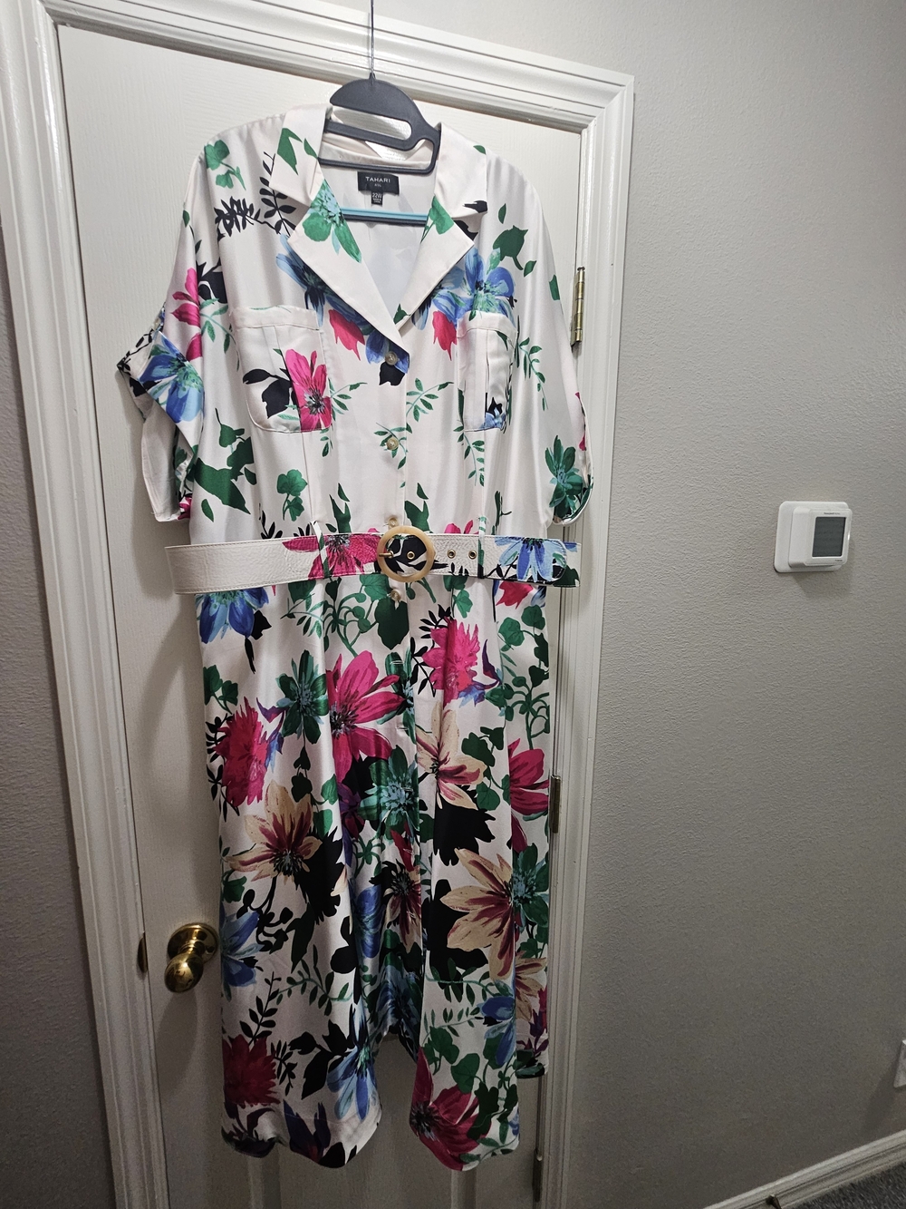 Tahari White Floral Button-Front Midi Dress with Belt